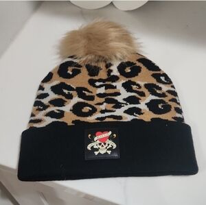 Ed Hardy Leopard Print Winter Hat with Pom Pom